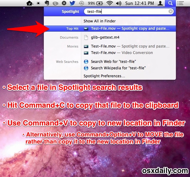 Copie, corte, pegue y mueva archivos de Spotlight a Mac OS X.