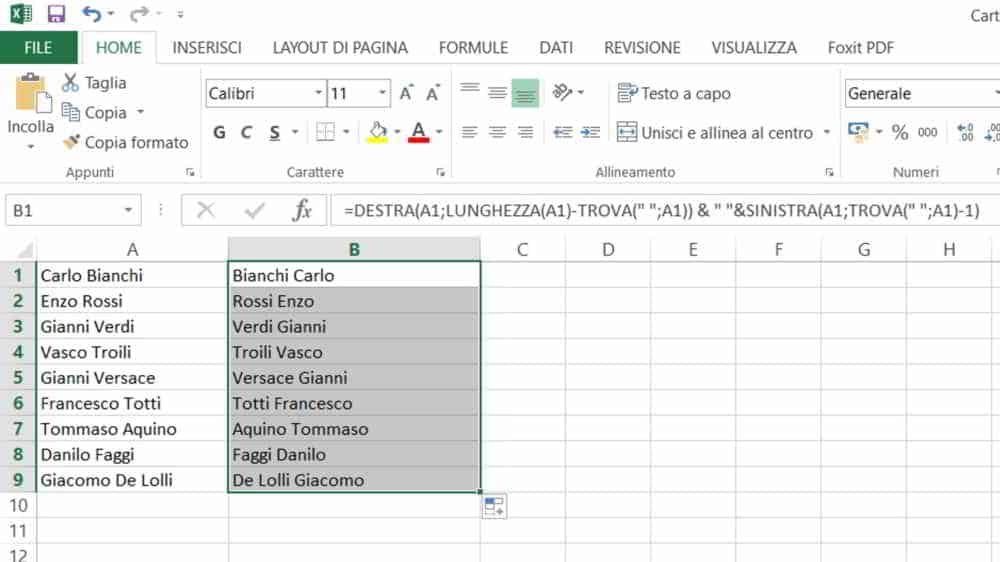 Nombres y apellidos de fórmulas en Excel