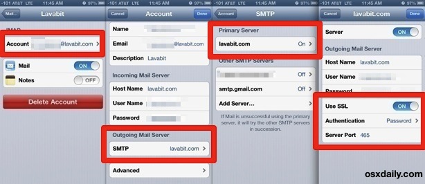 Configuración del puerto de correo electrónico saliente de Lavabit en iOS Mail