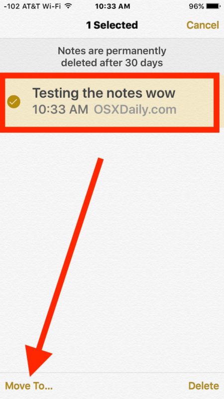 Seleccione la nota eliminada para recuperarla en iOS
