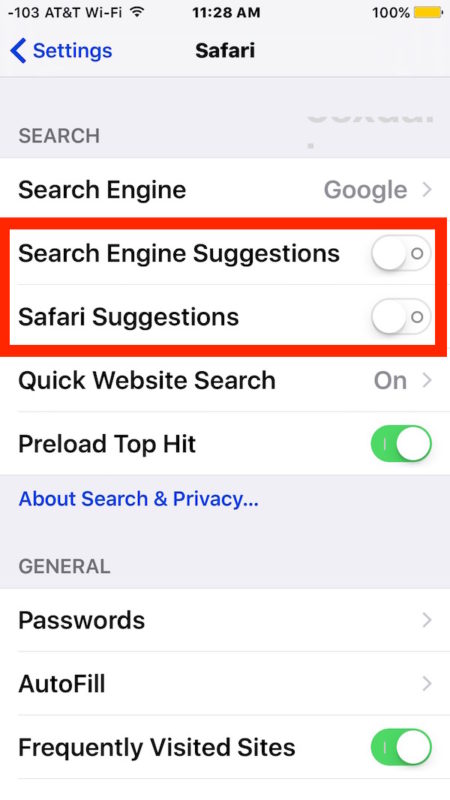 Deshabilitar las sugerencias de Safari en iOS
