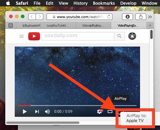 Seleccione AirPlay YouTube desde Mac a Apple TV
