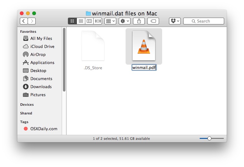 Cambie el nombre del archivo adjunto Winmail.dat para abrirlo en Mac OS X.