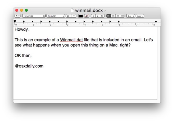 Un archivo Winmail.dat abierto en Mac OS X.