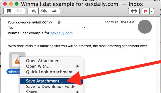 Guarde un archivo Winmail.dat de Mail en Mac OS X.