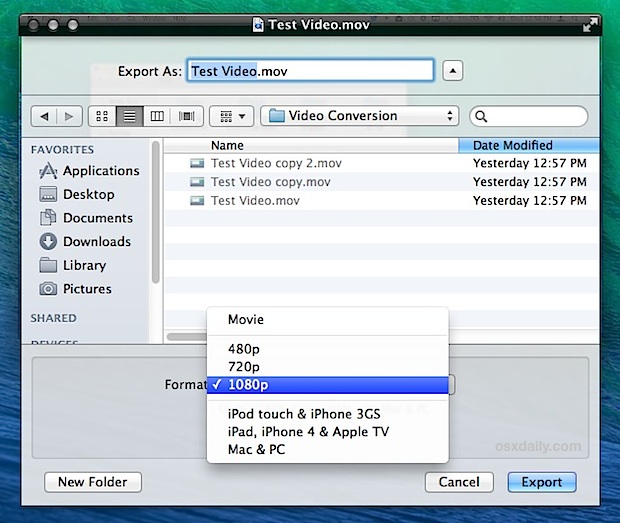 Utilidades de conversión de video QuickTime integradas en Mac OS X.