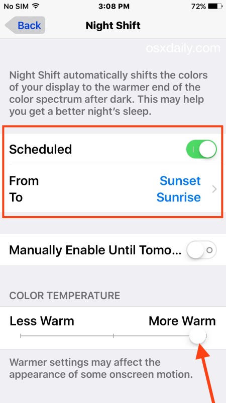 Configure el turno de noche para programar desde el atardecer hasta el amanecer en iOS