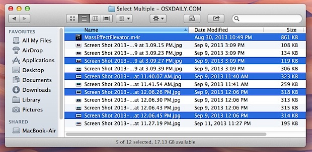 Seleccione varios archivos que no sean adyacentes en Mac OS X.