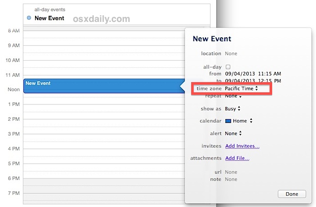 Establecer la zona horaria para un evento en Calendar para OS X 