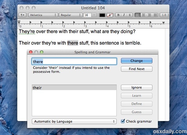 Herramienta de ortografía y gramática en Mac OS X.