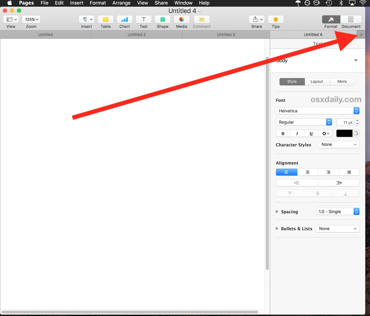 Crear una nueva pestaña en las páginas de Mac