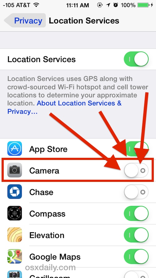 Desactivar el marcado de ubicación GPS en las fotos de la cámara del iPhone