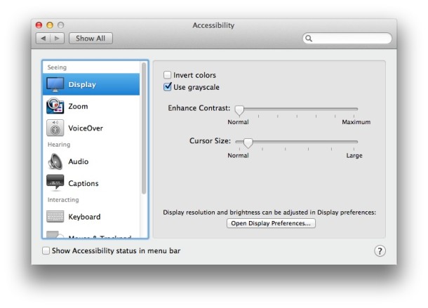 Opciones de visualización de accesibilidad de Mac en OS X.