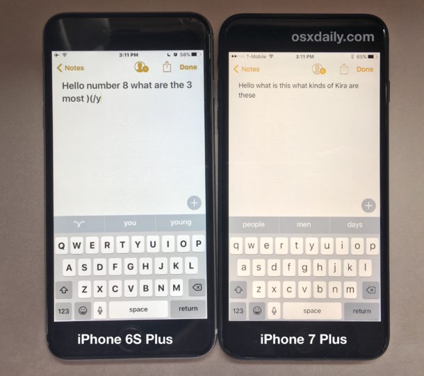 Pantalla amarilla del iPhone 7 junto a la pantalla del iPhone 6S