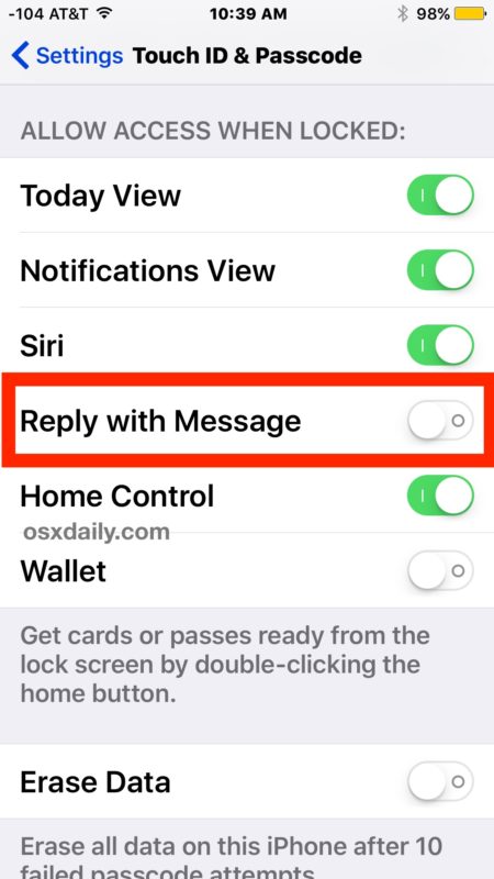Deshabilitar Responder al mensaje desde la pantalla de bloqueo en iOS