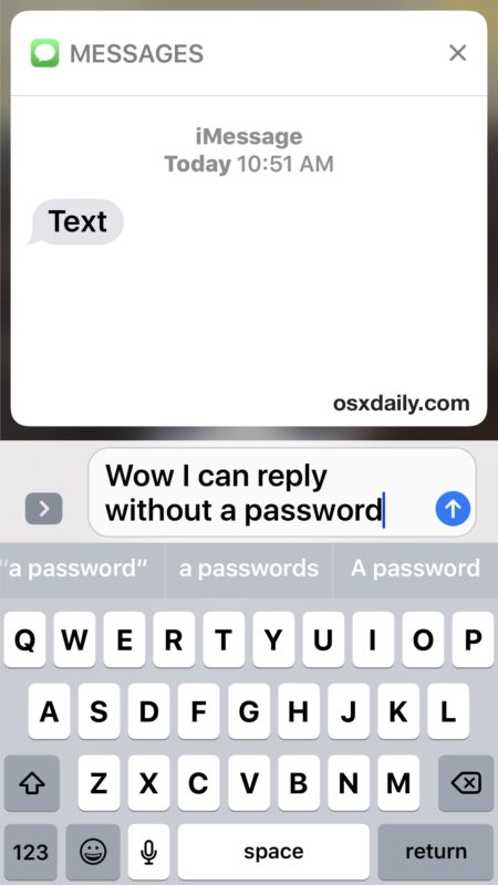 Leer y responder mensajes en la pantalla de bloqueo sin aprobación de contraseña en iOS