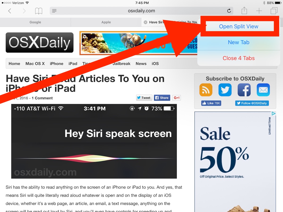 Abrir iPad Split View en Safari