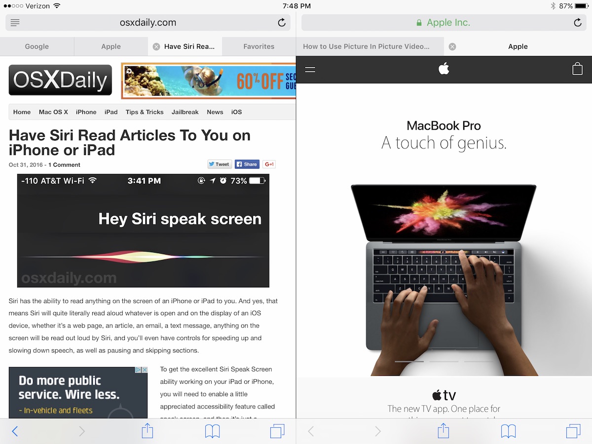 Safari en iPad con vista dividida