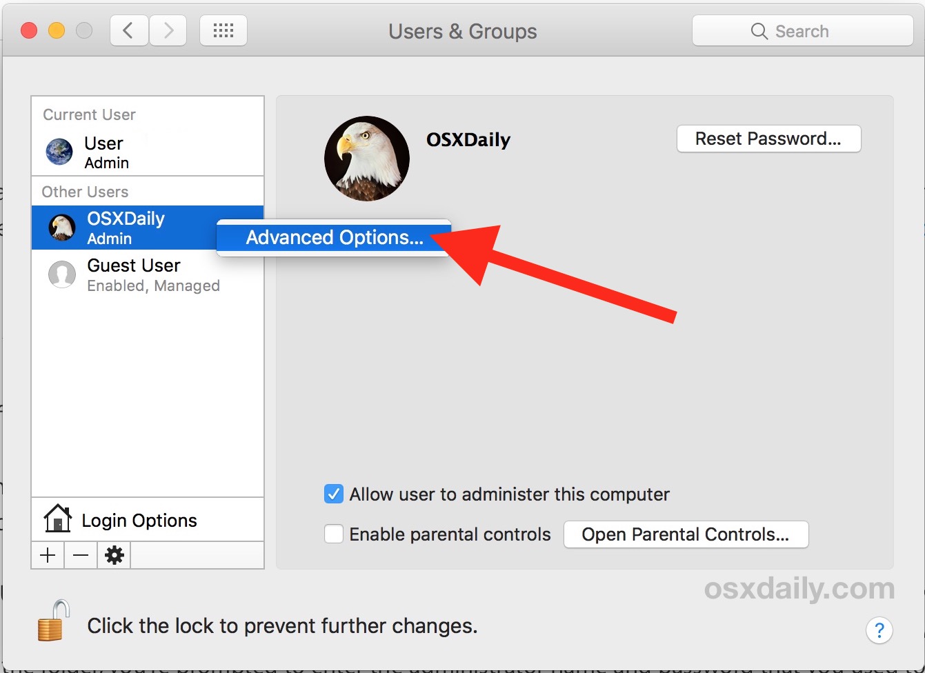 Elija Opciones avanzadas para cambiar el directorio de inicio del usuario en su Mac