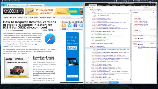 Internet Explorer e IE Web Inspector Tools en Mac OS X.