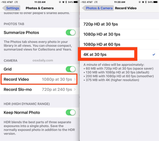 Habilite la grabación de video 4K en la cámara del iPhone