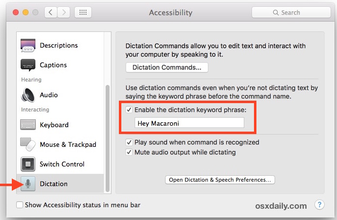 Habilite el dictado de comandos de voz en Mac OS X.
