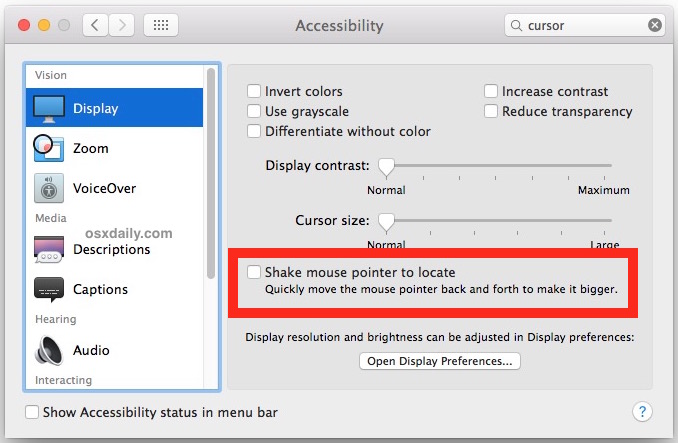 Mueva el cursor del mouse para ubicarlo en la pantalla en Mac OS X.
