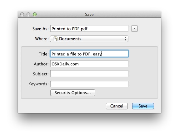 Imprima un archivo como PDF, especifique las opciones para el documento PDF si es necesario