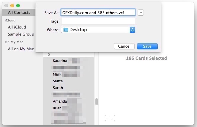 Exporte todos los contactos como un archivo VCF vcard a Mac OS X.