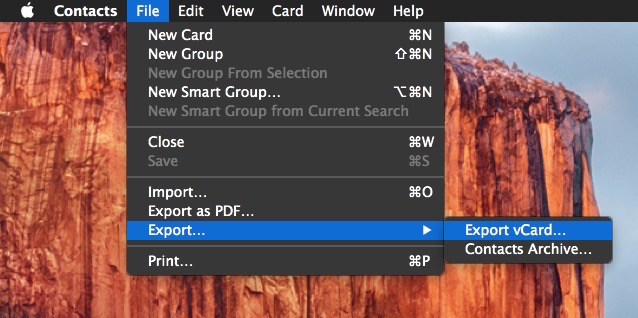 Exportar contactos a Mac OS X como una vcard VCF (o abbu)