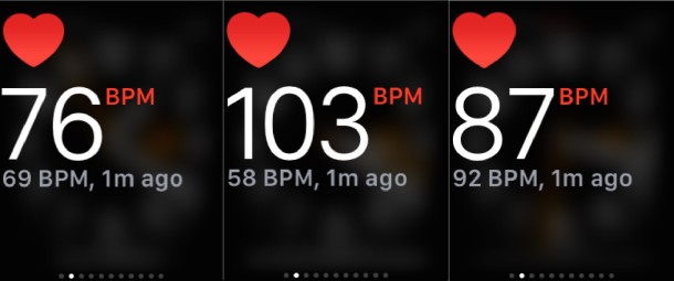 Varias lecturas de frecuencia cardíaca en el Apple Watch