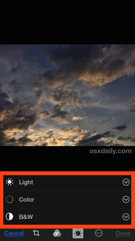 Seleccione qué herramienta de color o luz desea ajustar en Fotos de iOS