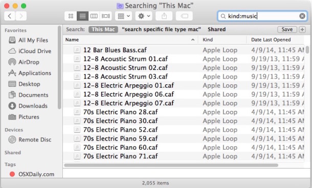 Buscando coincidencias de tipo de archivo general en Mac OS X.
