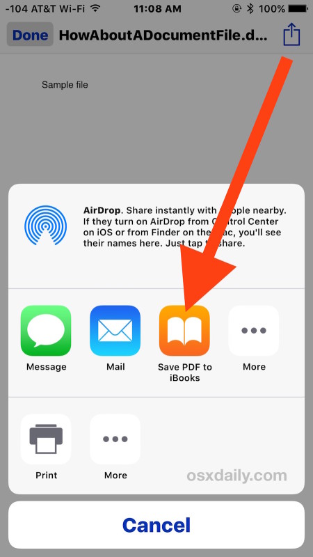 Guarde el archivo adjunto de correo en iBooks en iPhone