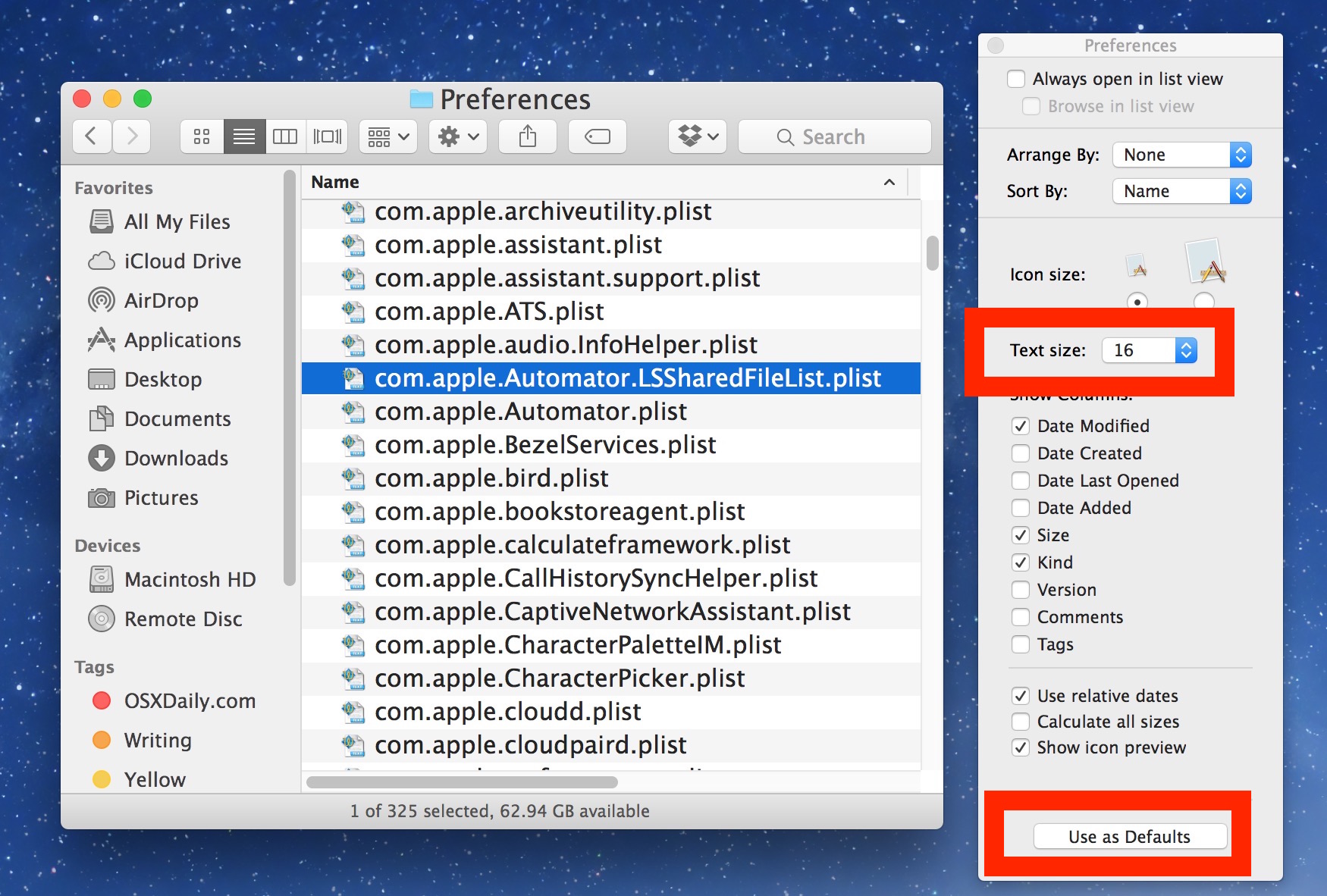 Cambiar el tamaño del texto de la fuente en el sistema de archivos de Mac OS X Finder