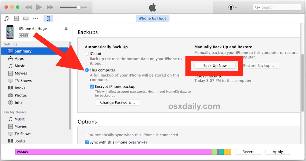 Haga una copia de seguridad de su iPhone en su disco duro externo en iTunes