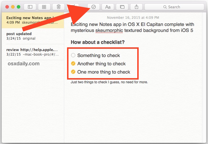 Ingrese la lista de verificación de Notas en Mac OS X.