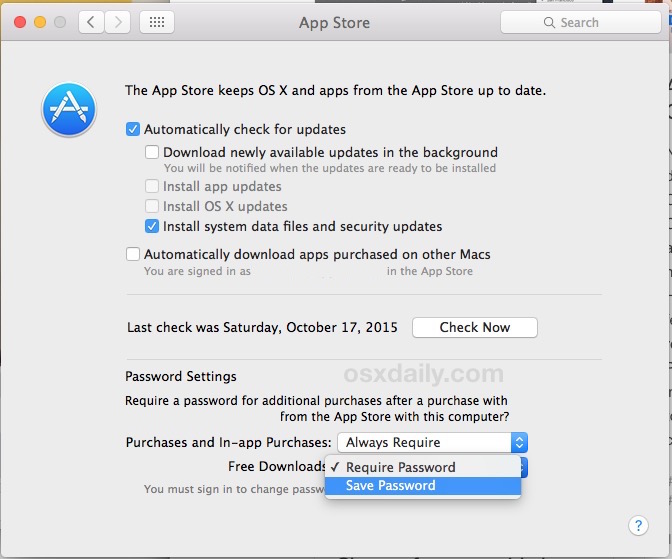 Guarde la contraseña para descargas gratuitas desde la tienda de aplicaciones en Mac OS X.