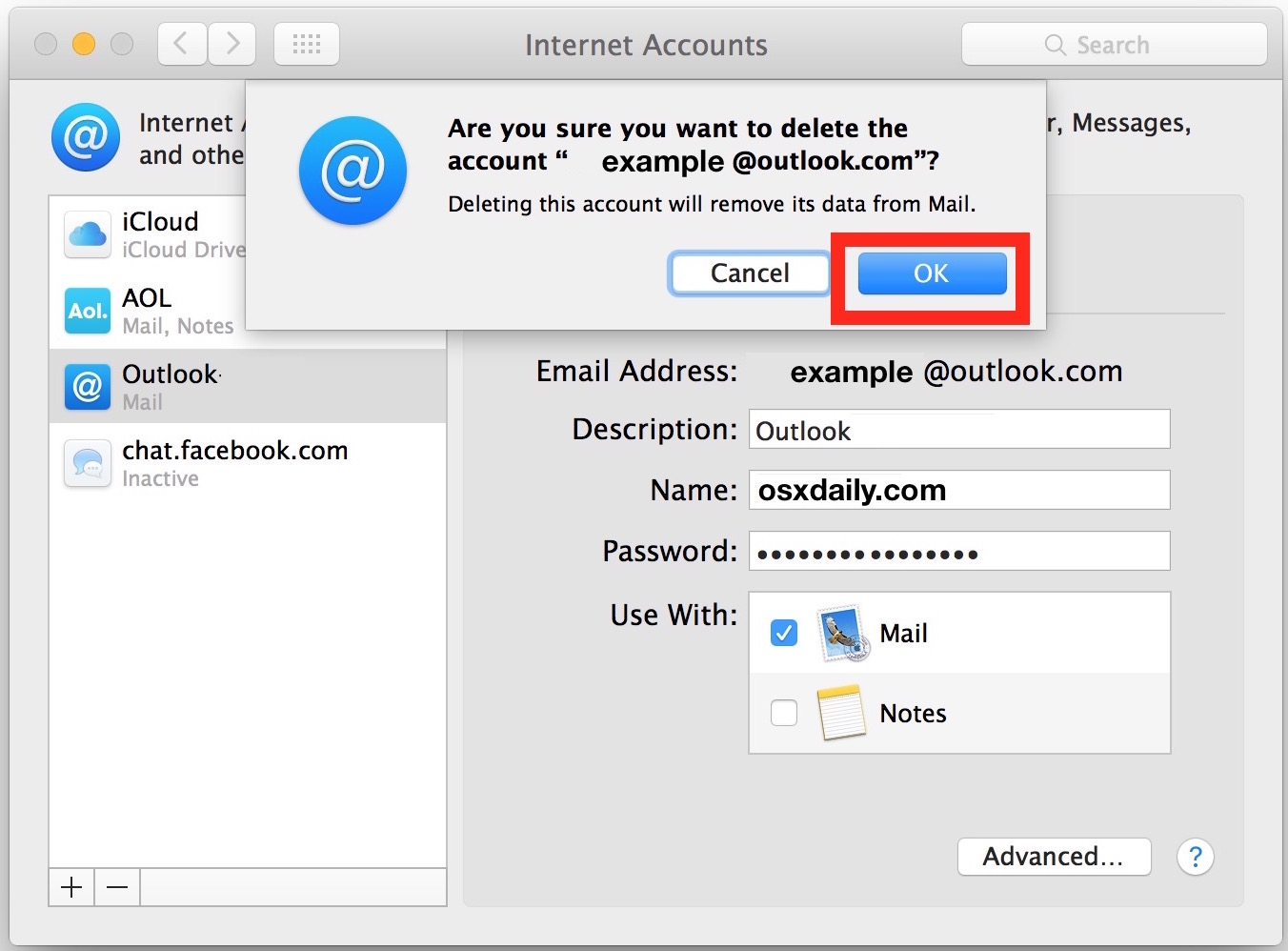 Confirme la eliminación de la cuenta de correo electrónico en su Mac y todos los correos electrónicos en la aplicación Correo.