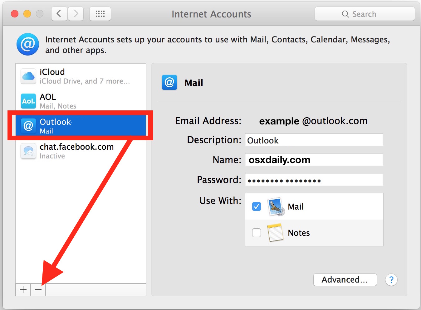 Seleccione y elimine la cuenta de correo electrónico en cuestión de sus cuentas de Internet de Mac OS X