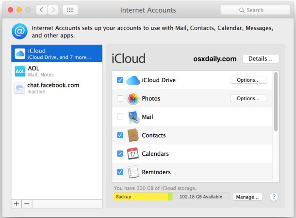 Elimine otras cuentas de correo electrónico o de Internet en Mac OS X.