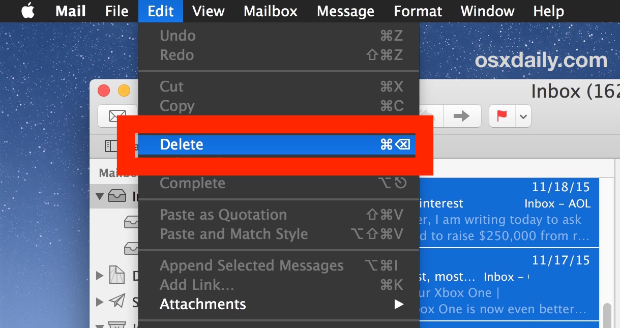 Eliminar todos los correos electrónicos seleccionados en la aplicación Mac Mail