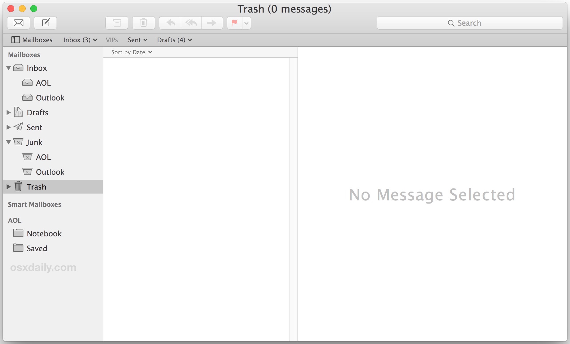 Todos los correos electrónicos eliminados, una aplicación de correo electrónico vacía en Mac OS X.