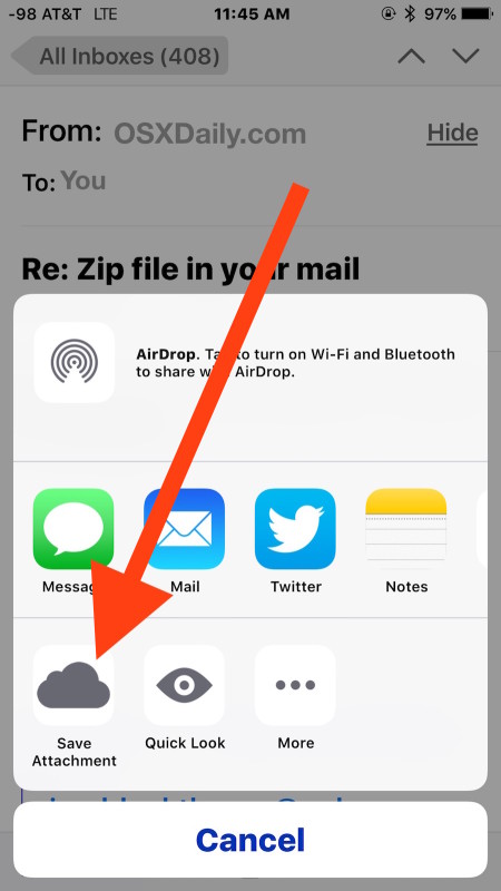Escoger "Guarda el adjunto" para guardar el archivo adjunto del correo electrónico en iCloud Drive desde la aplicación de correo de iOS