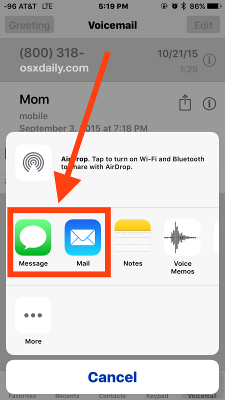 Comparta un mensaje de voz a través de mensajes o correo electrónico desde iPhone