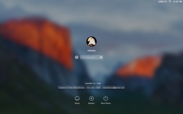 Una captura de pantalla de la pantalla de inicio de sesión en una Mac con OS X El Capitan