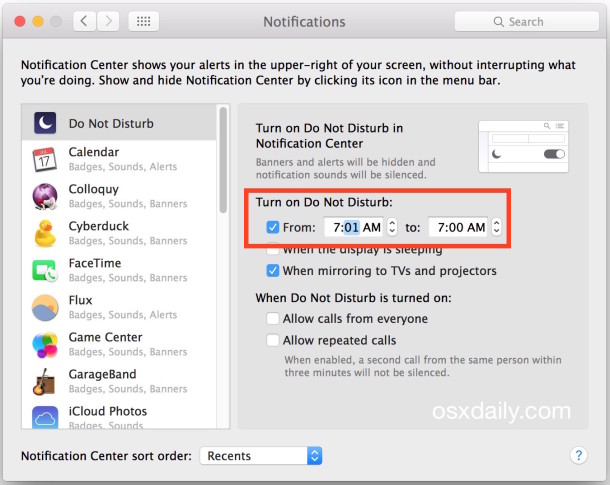 Desactive todas las alertas en el Centro de notificaciones constantemente No molestar en Mac OS X.
