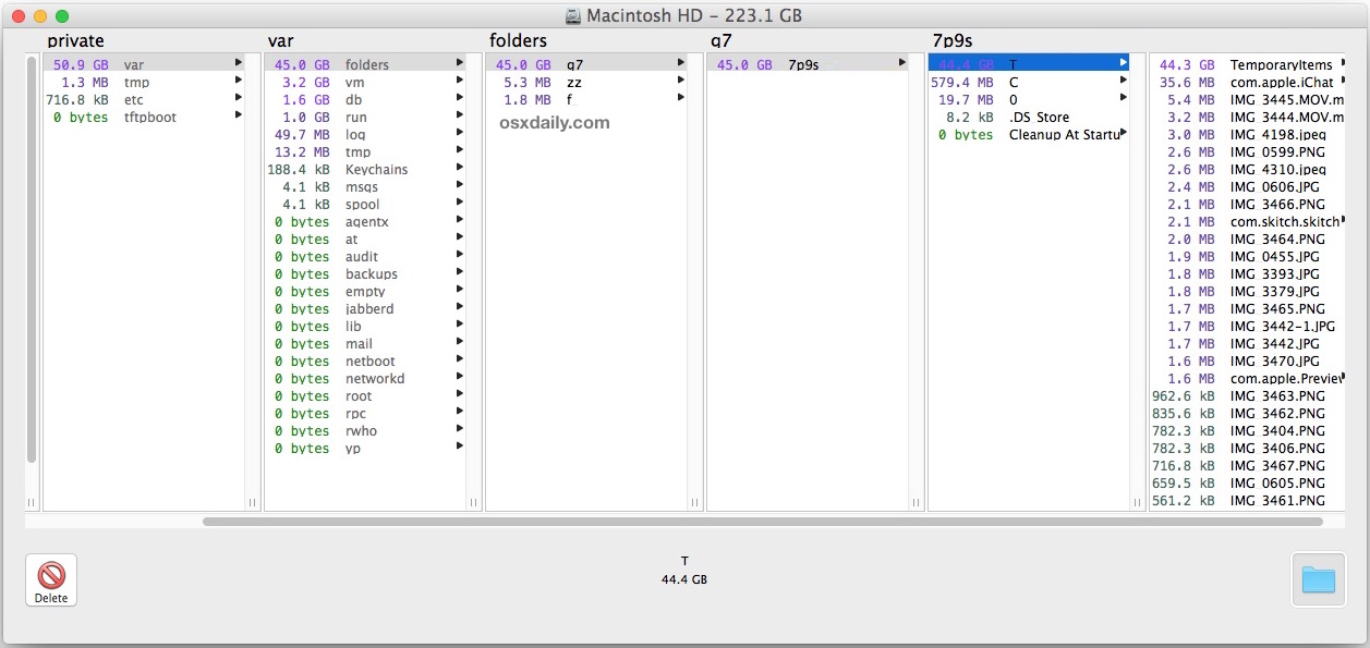 Enorme carpeta de artículos temporales en Mac OS X que se muestra en / private / var / folders /