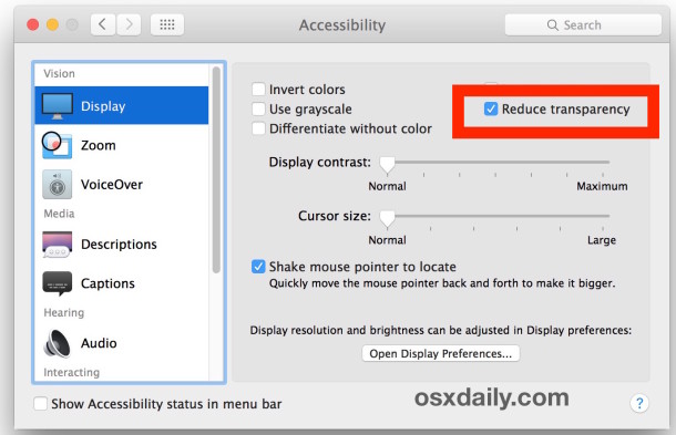 Reducir la transparencia en Mac OS X para desactivar los efectos de interfaz translúcida en Mac