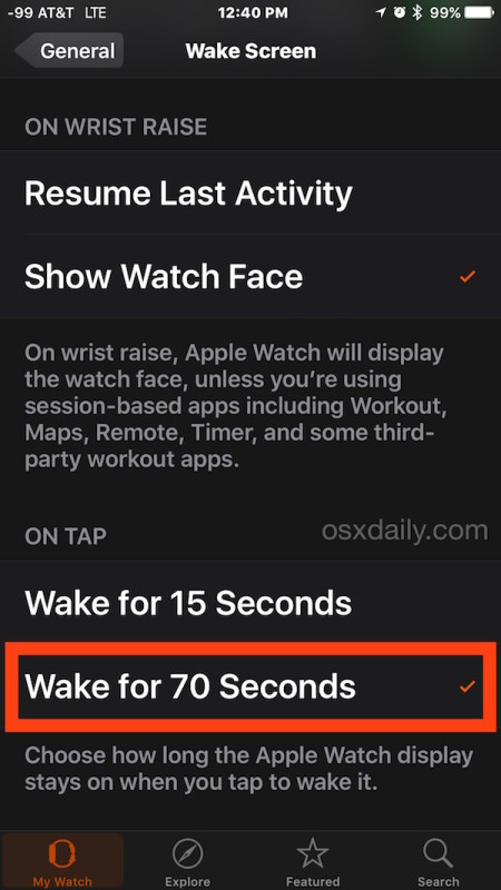 Cambiar el tiempo que la pantalla del Apple Watch está activa y despierta cuando se toca